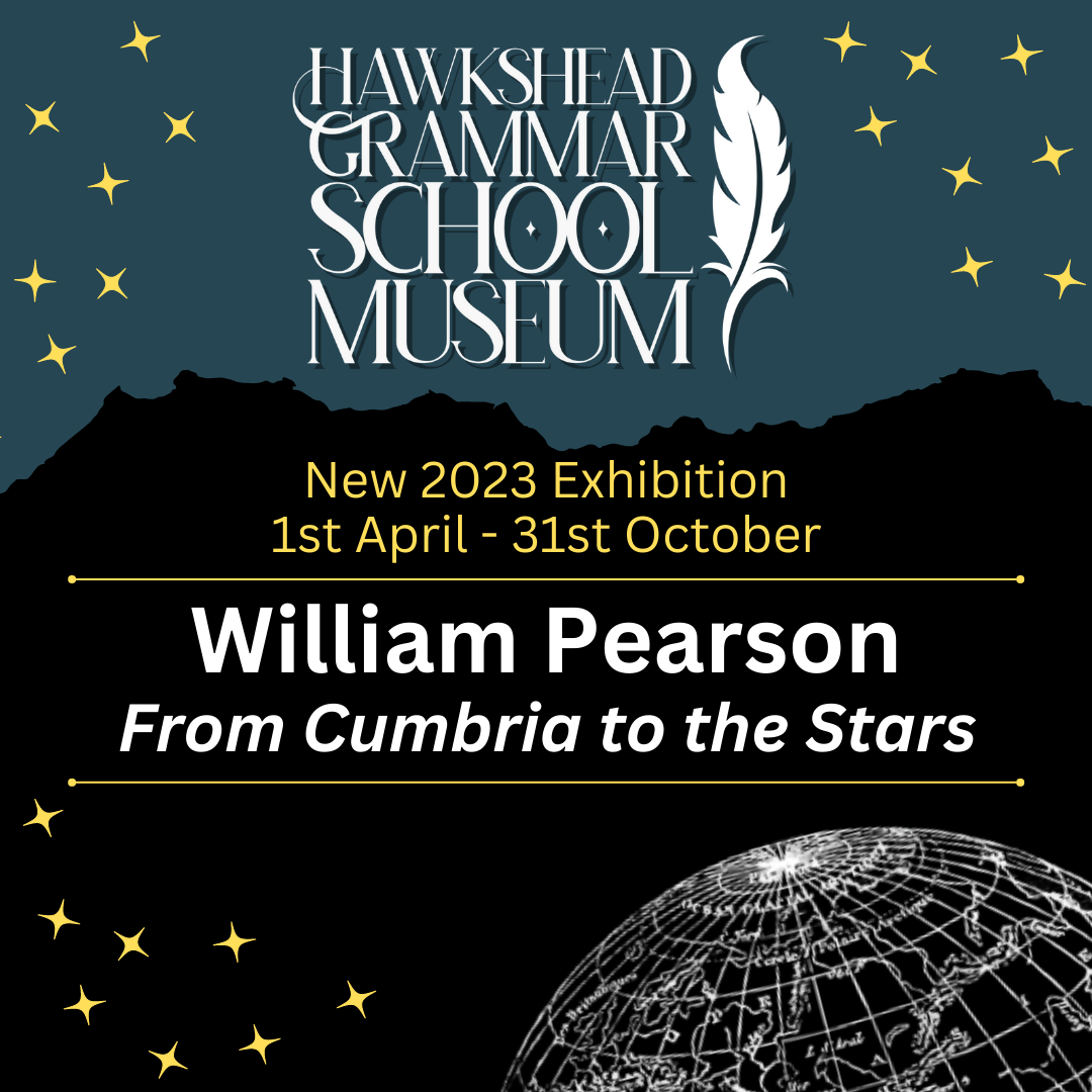 Square image with Hawkshead Grammar School Museum logo at the top centre. The image is boarded with yellow stars. Text at the bottom says 